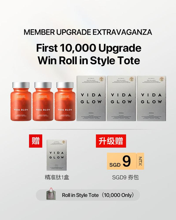 11.11 狂欢大促【升级套组】Vida Glow胶原蛋白精准肽3 +  Hairology 蕴发胶囊*3瓶 /赠 VG 精准肽*1 盒
